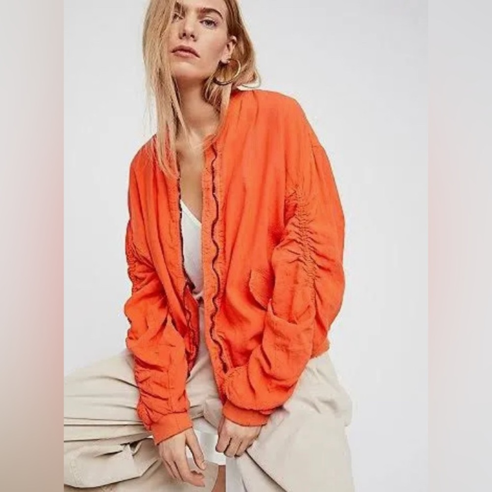 Free People Ruched Linen Bomber Jacket in Coral XSmall NWT 🧡🧡🧡